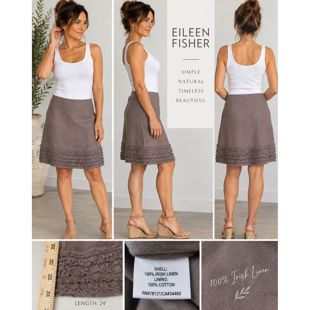 Eileen Fisher Irish Linen Ruffle Hem Skirt Small Brown Taupe A-Line Side Zip